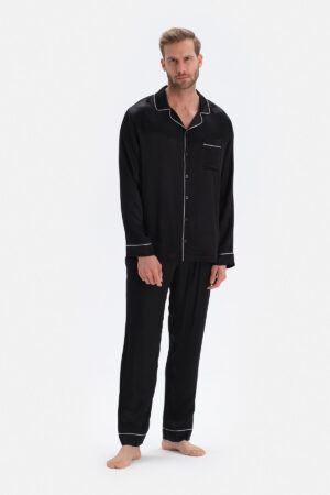 Black Long Sleeve Satin Groom Pajamas Set