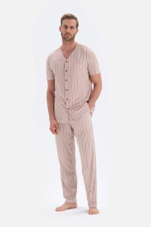 Ecru Striped Short Sleeve V-Neck Cotton Pajamas Set