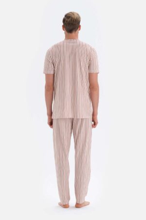 Ecru Striped Short Sleeve V-Neck Cotton Pajamas Set - Image 2